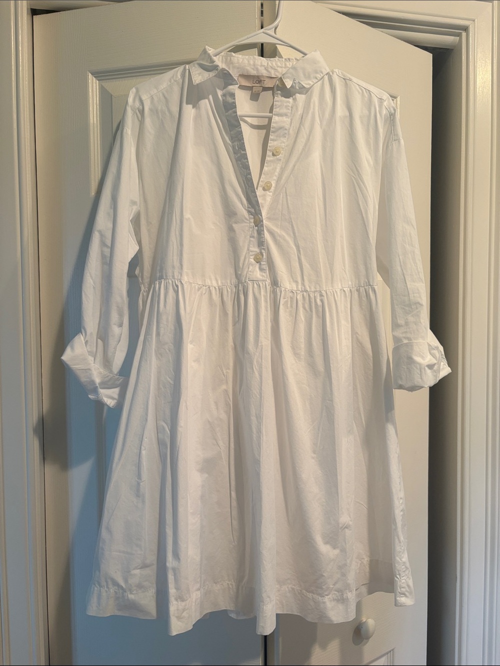 LOFT White Cotton Poplin Button-Front Shirt Dress